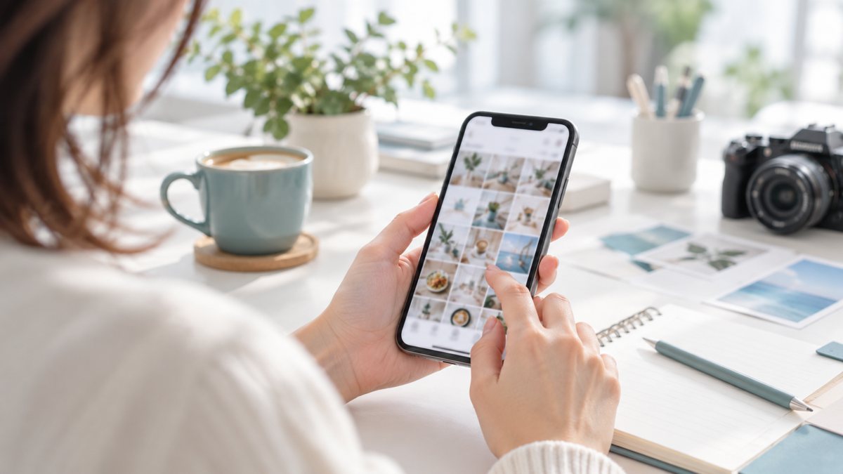 スマートフォンでSNSの画面を見る手元